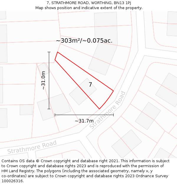 7, STRATHMORE ROAD, WORTHING, BN13 1PJ: Plot and title map