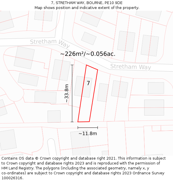 7, STRETHAM WAY, BOURNE, PE10 9DE: Plot and title map