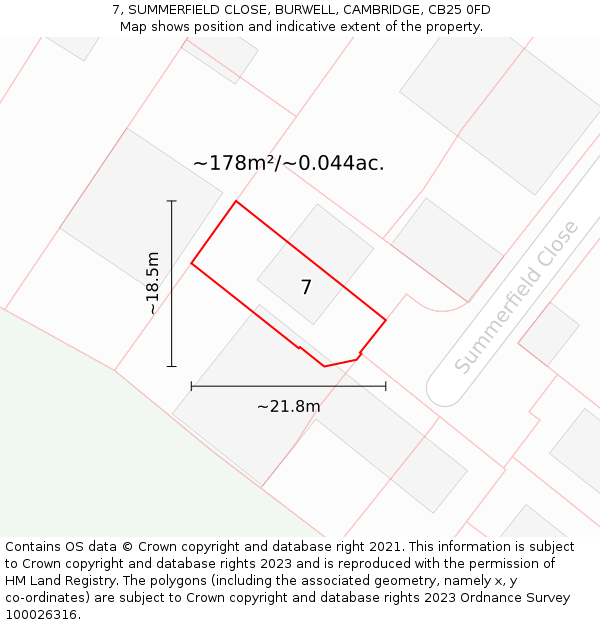 7, SUMMERFIELD CLOSE, BURWELL, CAMBRIDGE, CB25 0FD: Plot and title map