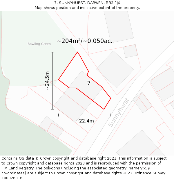 7, SUNNYHURST, DARWEN, BB3 1JX: Plot and title map