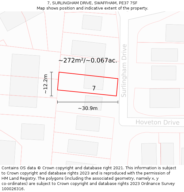 7, SURLINGHAM DRIVE, SWAFFHAM, PE37 7SF: Plot and title map