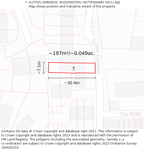 7, SUTTON GARDENS, RUDDINGTON, NOTTINGHAM, NG11 6JQ: Plot and title map