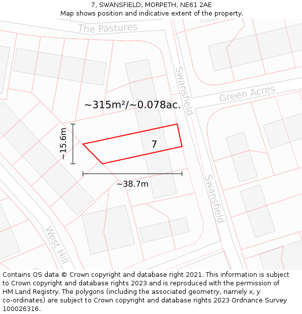 7, SWANSFIELD, MORPETH, NE61 2AE: Plot and title map