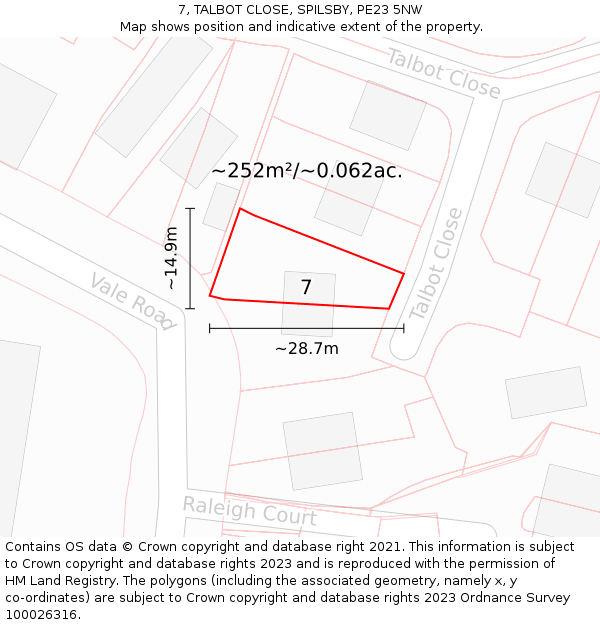 7, TALBOT CLOSE, SPILSBY, PE23 5NW: Plot and title map