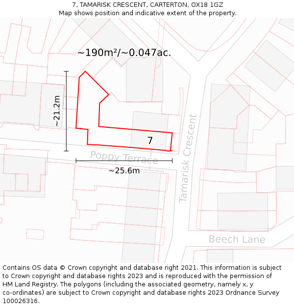 7, TAMARISK CRESCENT, CARTERTON, OX18 1GZ: Plot and title map