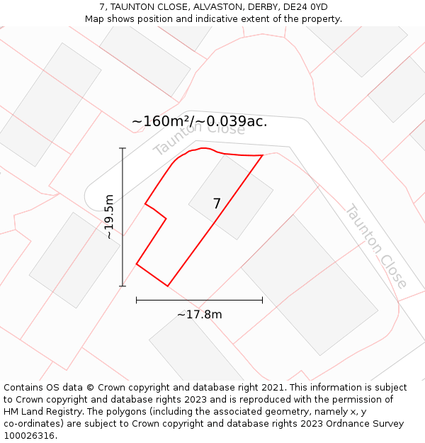 7, TAUNTON CLOSE, ALVASTON, DERBY, DE24 0YD: Plot and title map