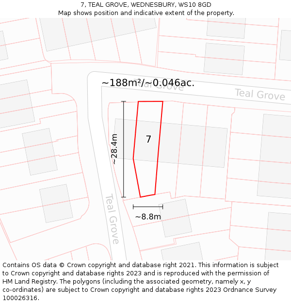 7, TEAL GROVE, WEDNESBURY, WS10 8GD: Plot and title map