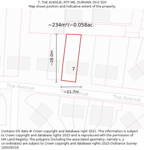 7, THE AVENUE, PITY ME, DURHAM, DH1 5DY: Plot and title map