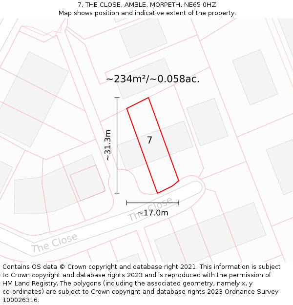 7, THE CLOSE, AMBLE, MORPETH, NE65 0HZ: Plot and title map