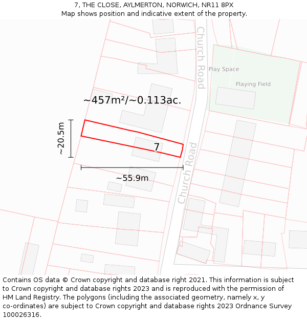 7, THE CLOSE, AYLMERTON, NORWICH, NR11 8PX: Plot and title map