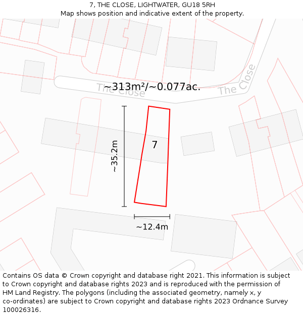 7, THE CLOSE, LIGHTWATER, GU18 5RH: Plot and title map