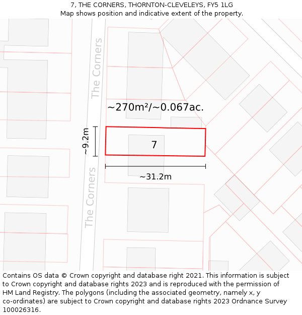 7, THE CORNERS, THORNTON-CLEVELEYS, FY5 1LG: Plot and title map