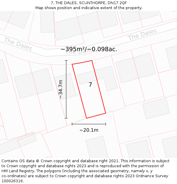 7, THE DALES, SCUNTHORPE, DN17 2QF: Plot and title map