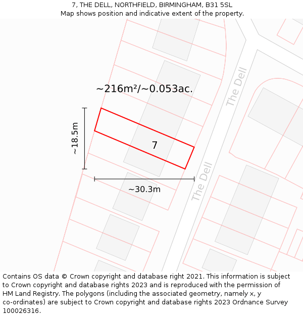 7, THE DELL, NORTHFIELD, BIRMINGHAM, B31 5SL: Plot and title map