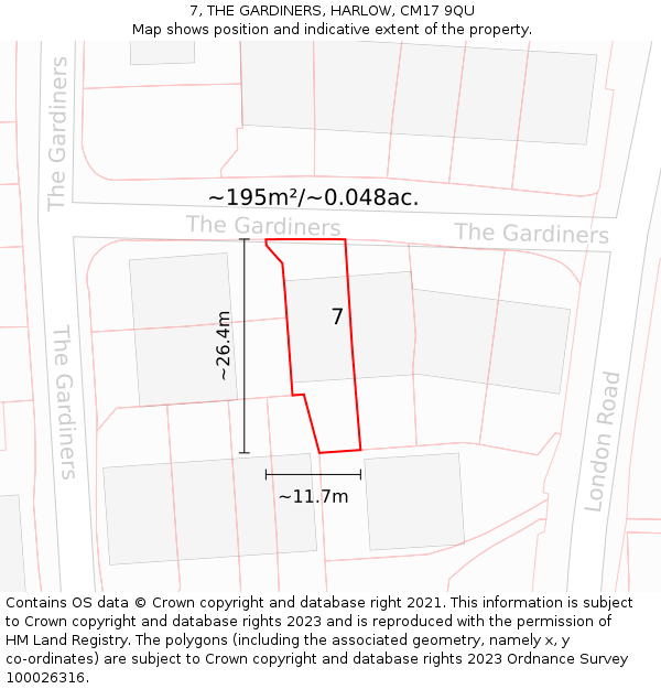 7, THE GARDINERS, HARLOW, CM17 9QU: Plot and title map