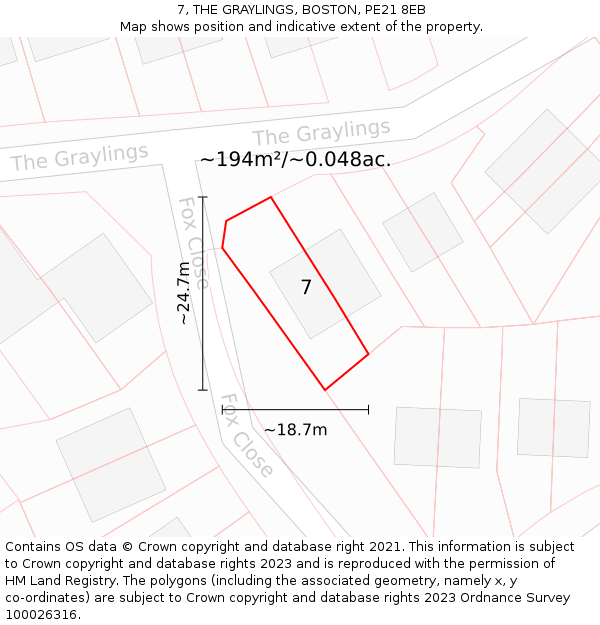 7, THE GRAYLINGS, BOSTON, PE21 8EB: Plot and title map