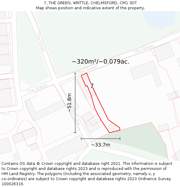 7, THE GREEN, WRITTLE, CHELMSFORD, CM1 3DT: Plot and title map