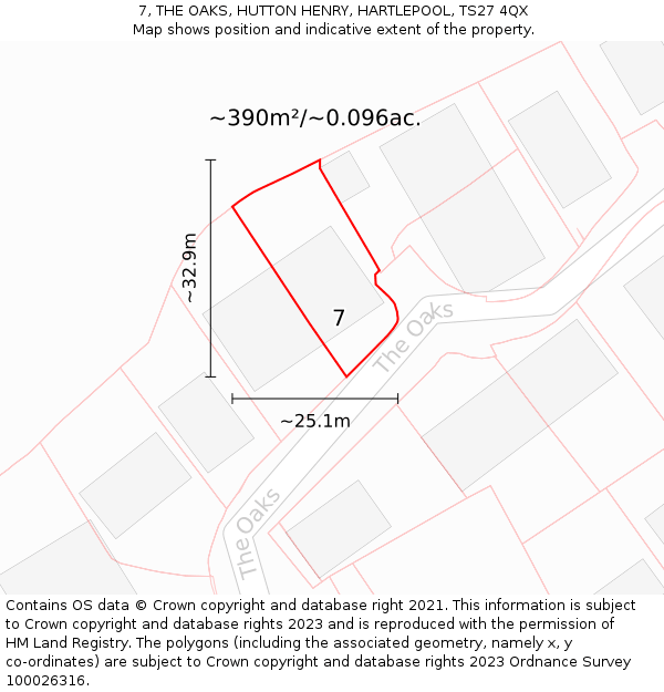 7, THE OAKS, HUTTON HENRY, HARTLEPOOL, TS27 4QX: Plot and title map