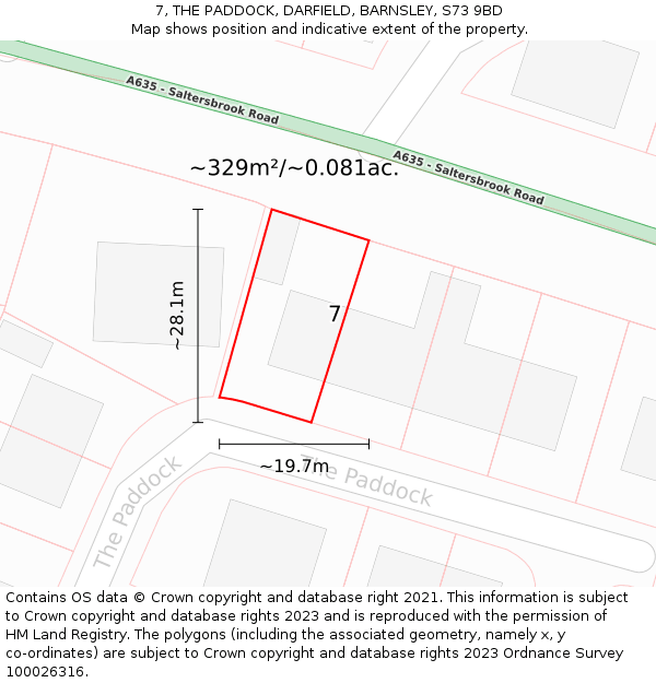 7, THE PADDOCK, DARFIELD, BARNSLEY, S73 9BD: Plot and title map