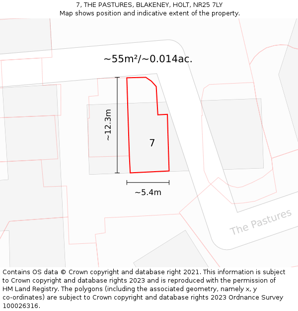 7, THE PASTURES, BLAKENEY, HOLT, NR25 7LY: Plot and title map