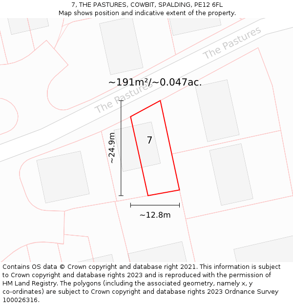 7, THE PASTURES, COWBIT, SPALDING, PE12 6FL: Plot and title map