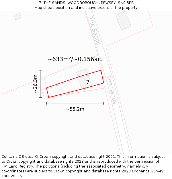 7, THE SANDS, WOODBOROUGH, PEWSEY, SN9 5PR: Plot and title map