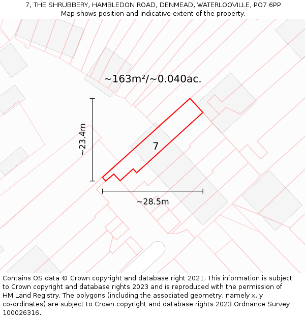 7, THE SHRUBBERY, HAMBLEDON ROAD, DENMEAD, WATERLOOVILLE, PO7 6PP: Plot and title map