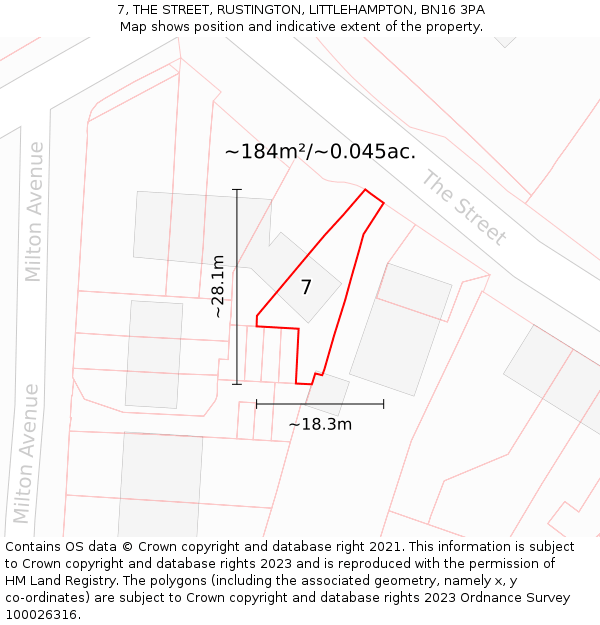 7, THE STREET, RUSTINGTON, LITTLEHAMPTON, BN16 3PA: Plot and title map