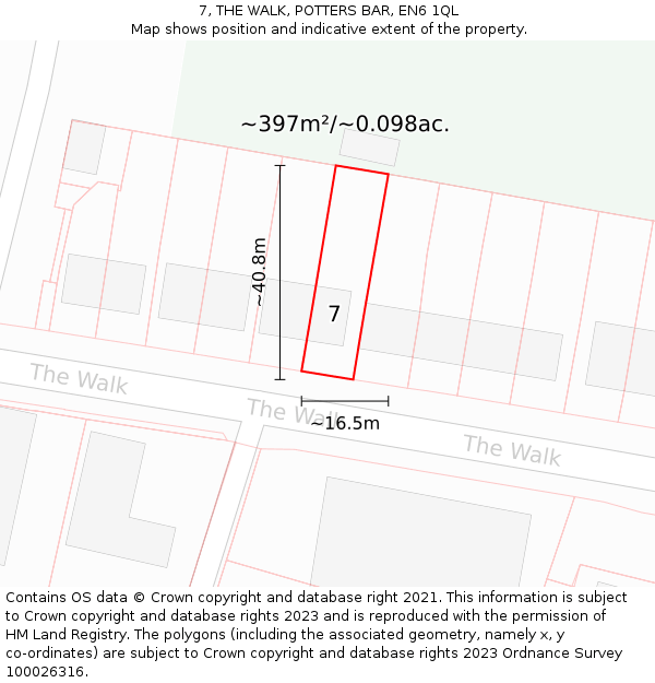 7, THE WALK, POTTERS BAR, EN6 1QL: Plot and title map