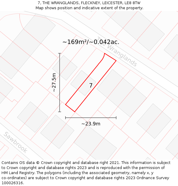 7, THE WRANGLANDS, FLECKNEY, LEICESTER, LE8 8TW: Plot and title map