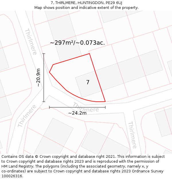 7, THIRLMERE, HUNTINGDON, PE29 6UJ: Plot and title map