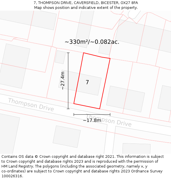 7, THOMPSON DRIVE, CAVERSFIELD, BICESTER, OX27 8FA: Plot and title map