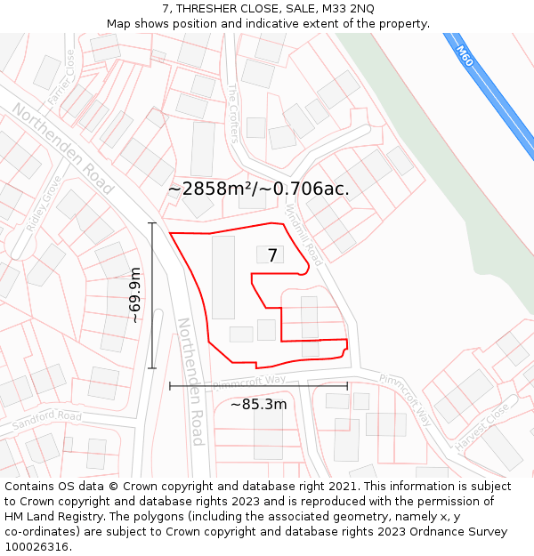 7, THRESHER CLOSE, SALE, M33 2NQ: Plot and title map