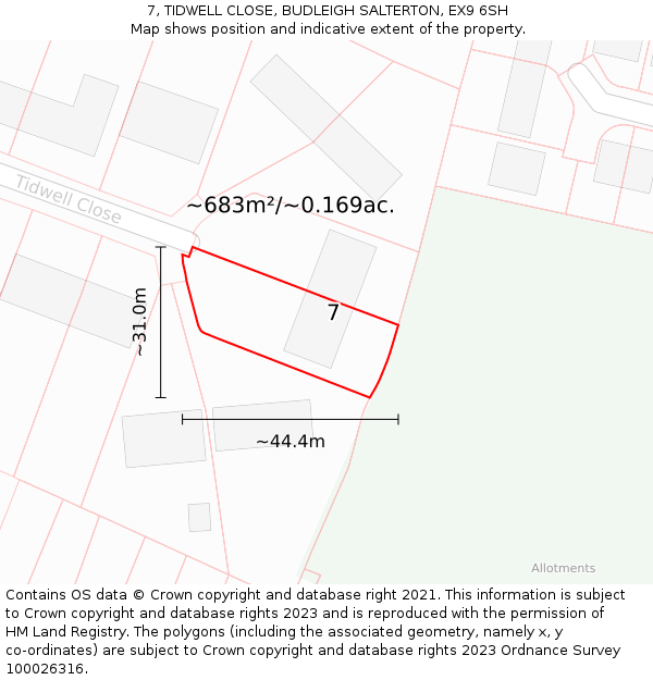 7, TIDWELL CLOSE, BUDLEIGH SALTERTON, EX9 6SH: Plot and title map