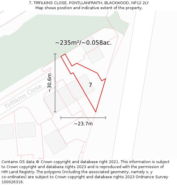 7, TIRFILKINS CLOSE, PONTLLANFRAITH, BLACKWOOD, NP12 2LY: Plot and title map
