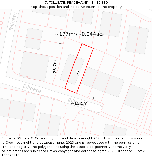 7, TOLLGATE, PEACEHAVEN, BN10 8ED: Plot and title map