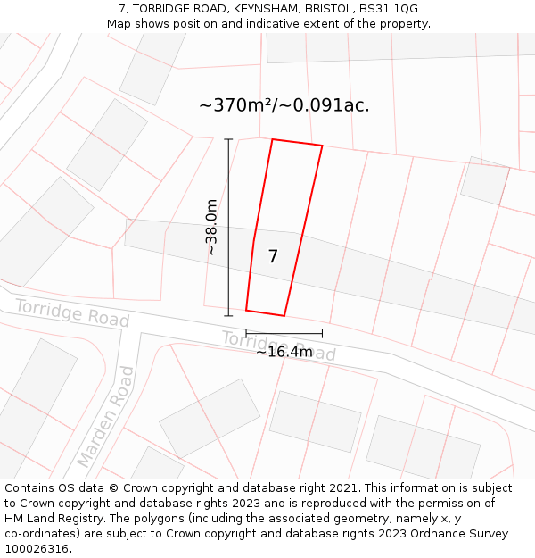 7, TORRIDGE ROAD, KEYNSHAM, BRISTOL, BS31 1QG: Plot and title map