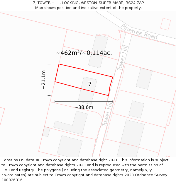 7, TOWER HILL, LOCKING, WESTON-SUPER-MARE, BS24 7AP: Plot and title map