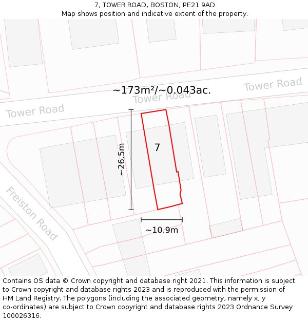 7, TOWER ROAD, BOSTON, PE21 9AD: Plot and title map