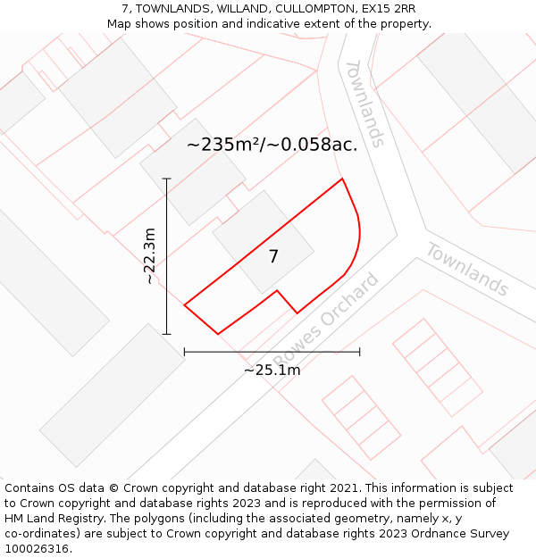 7, TOWNLANDS, WILLAND, CULLOMPTON, EX15 2RR: Plot and title map