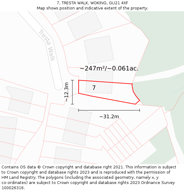 7, TRESTA WALK, WOKING, GU21 4XF: Plot and title map