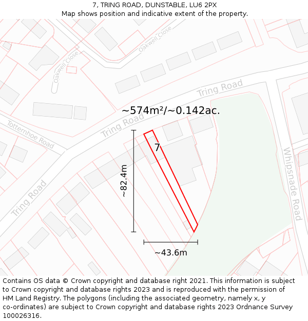 7, TRING ROAD, DUNSTABLE, LU6 2PX: Plot and title map