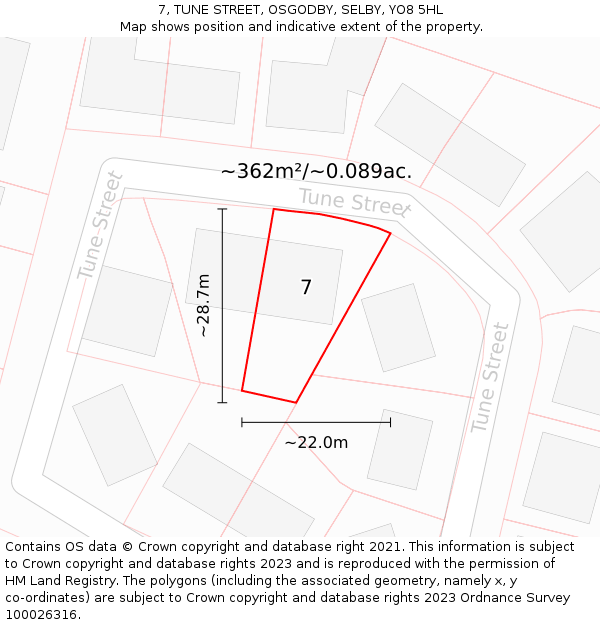 7, TUNE STREET, OSGODBY, SELBY, YO8 5HL: Plot and title map