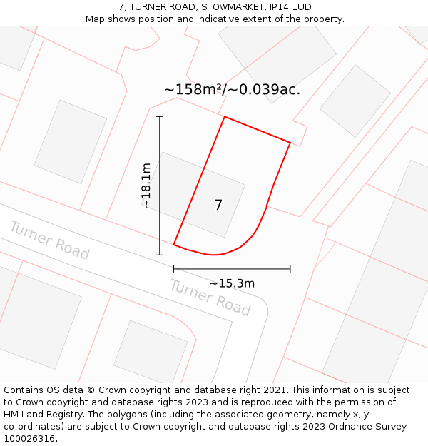 7, TURNER ROAD, STOWMARKET, IP14 1UD: Plot and title map