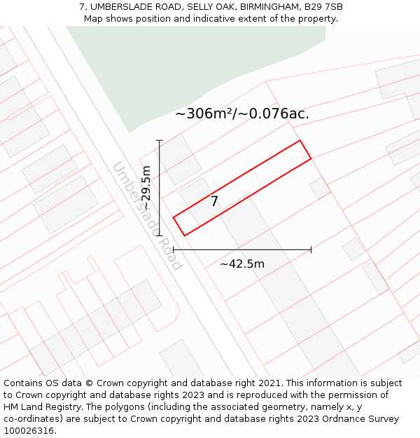 7, UMBERSLADE ROAD, SELLY OAK, BIRMINGHAM, B29 7SB: Plot and title map