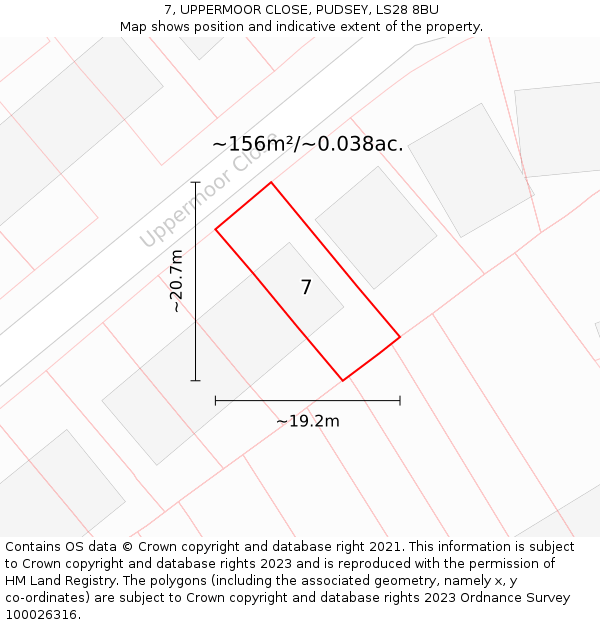 7, UPPERMOOR CLOSE, PUDSEY, LS28 8BU: Plot and title map