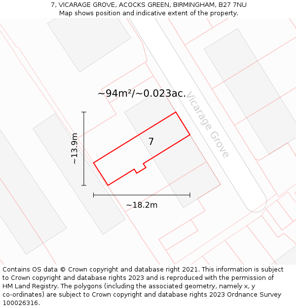 7, VICARAGE GROVE, ACOCKS GREEN, BIRMINGHAM, B27 7NU: Plot and title map