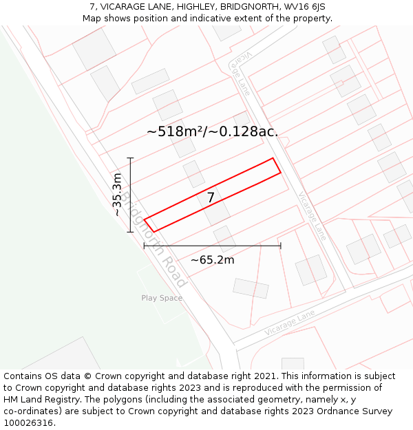 7, VICARAGE LANE, HIGHLEY, BRIDGNORTH, WV16 6JS: Plot and title map