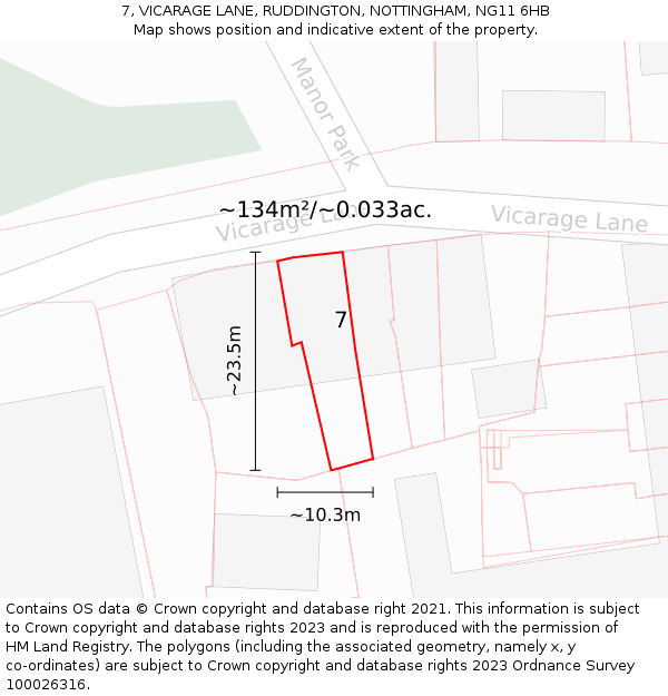 7, VICARAGE LANE, RUDDINGTON, NOTTINGHAM, NG11 6HB: Plot and title map