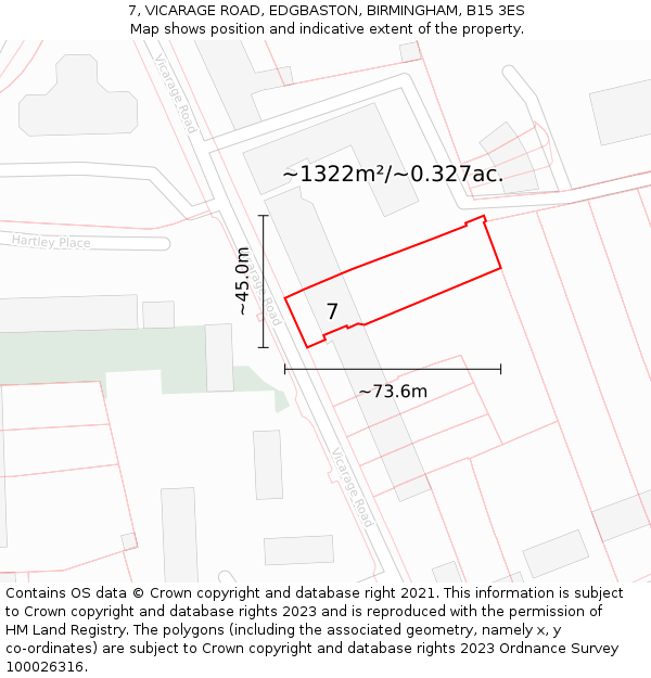 7, VICARAGE ROAD, EDGBASTON, BIRMINGHAM, B15 3ES: Plot and title map